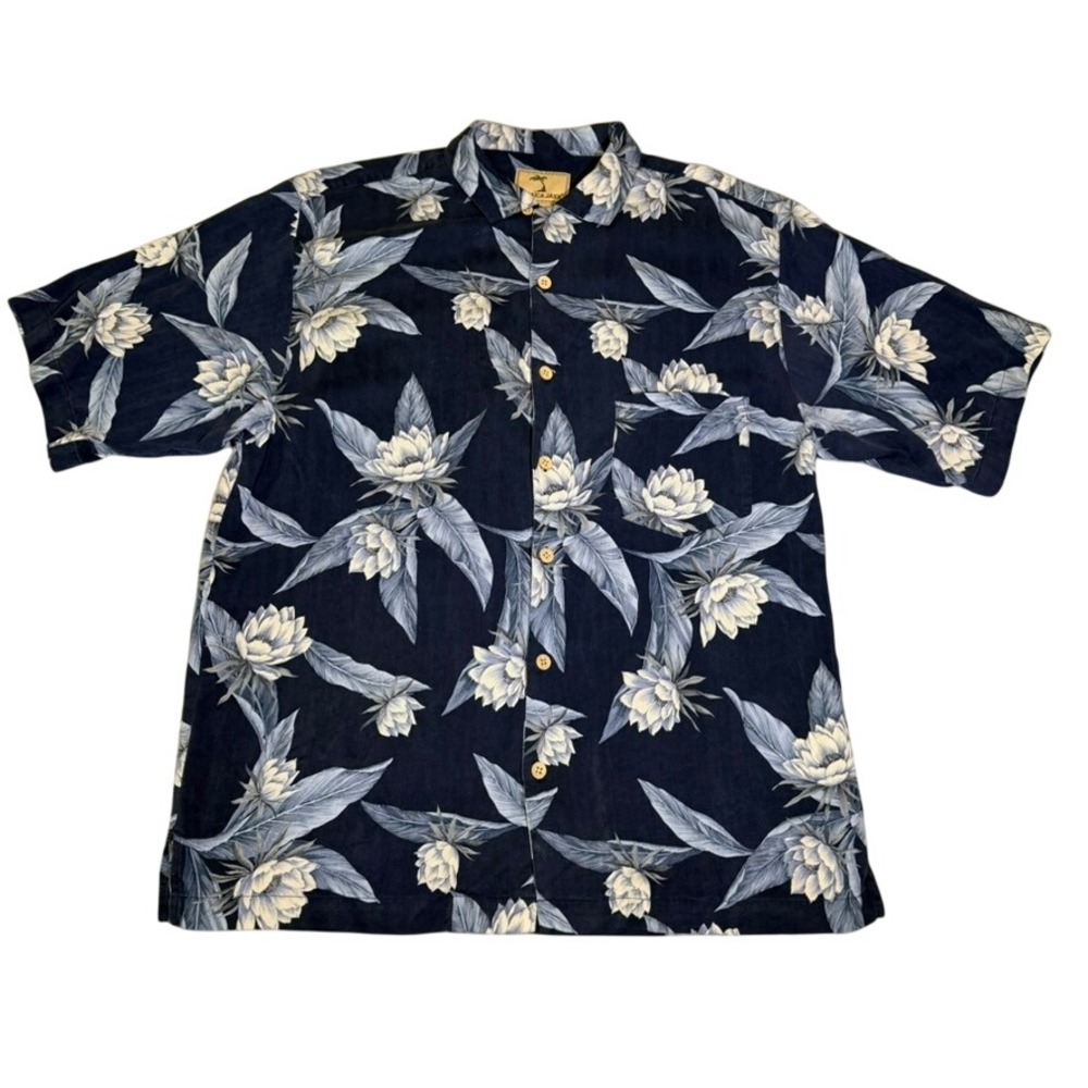 Jamaica Jaxx Mens Silk Button Down Shirt Blue Floral Herringbone Camp Medium